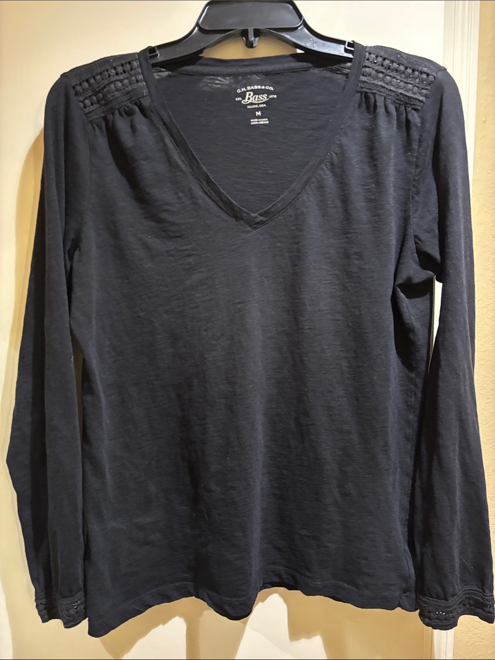 G.H. Bass & Co. Black V-Neck Long Sleeve Tee with Crochet Shoulder Detail